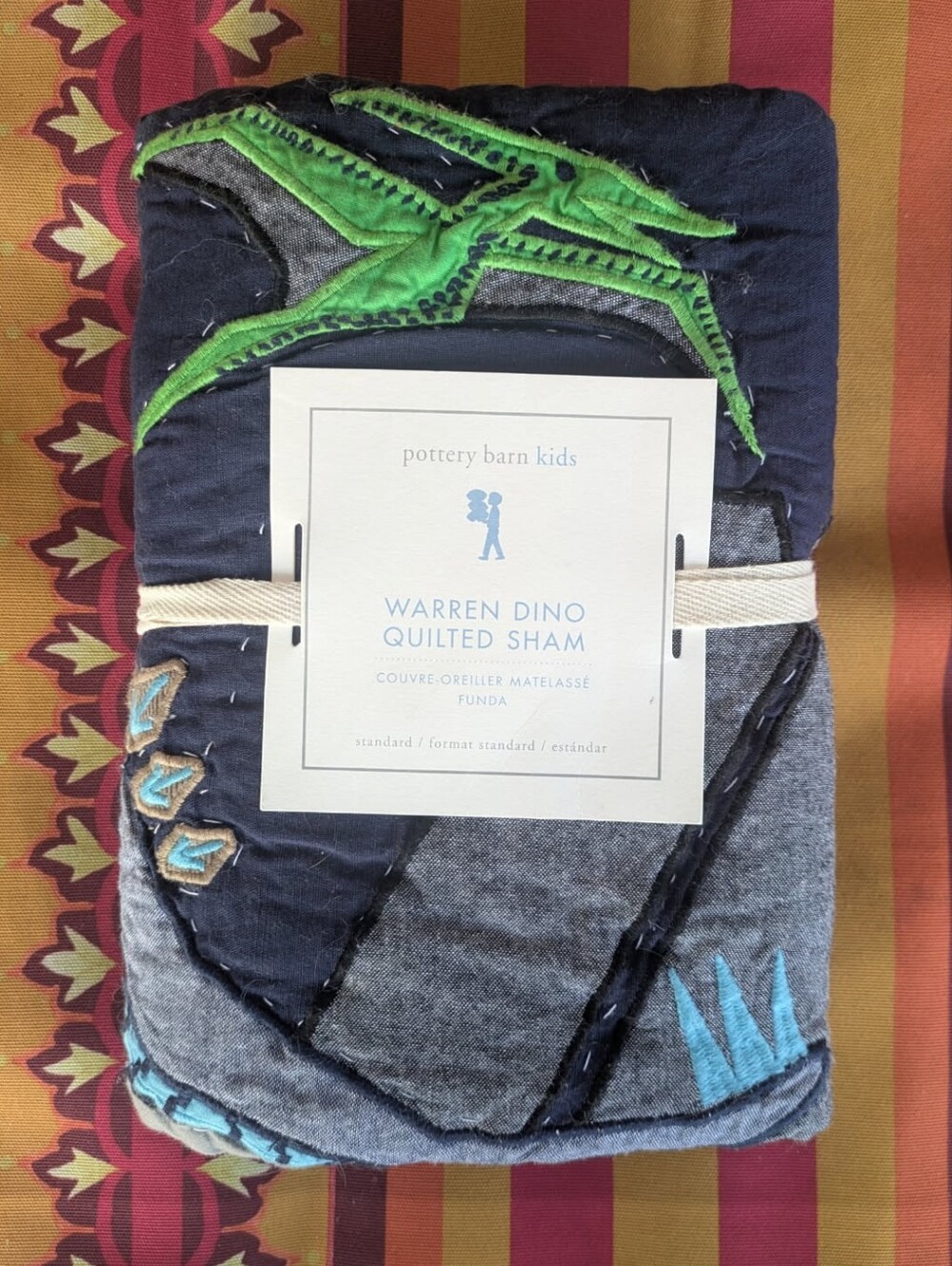Pottery Barn Kids Warren Dino Quilted Sham in Navy, Dinosaur Applique